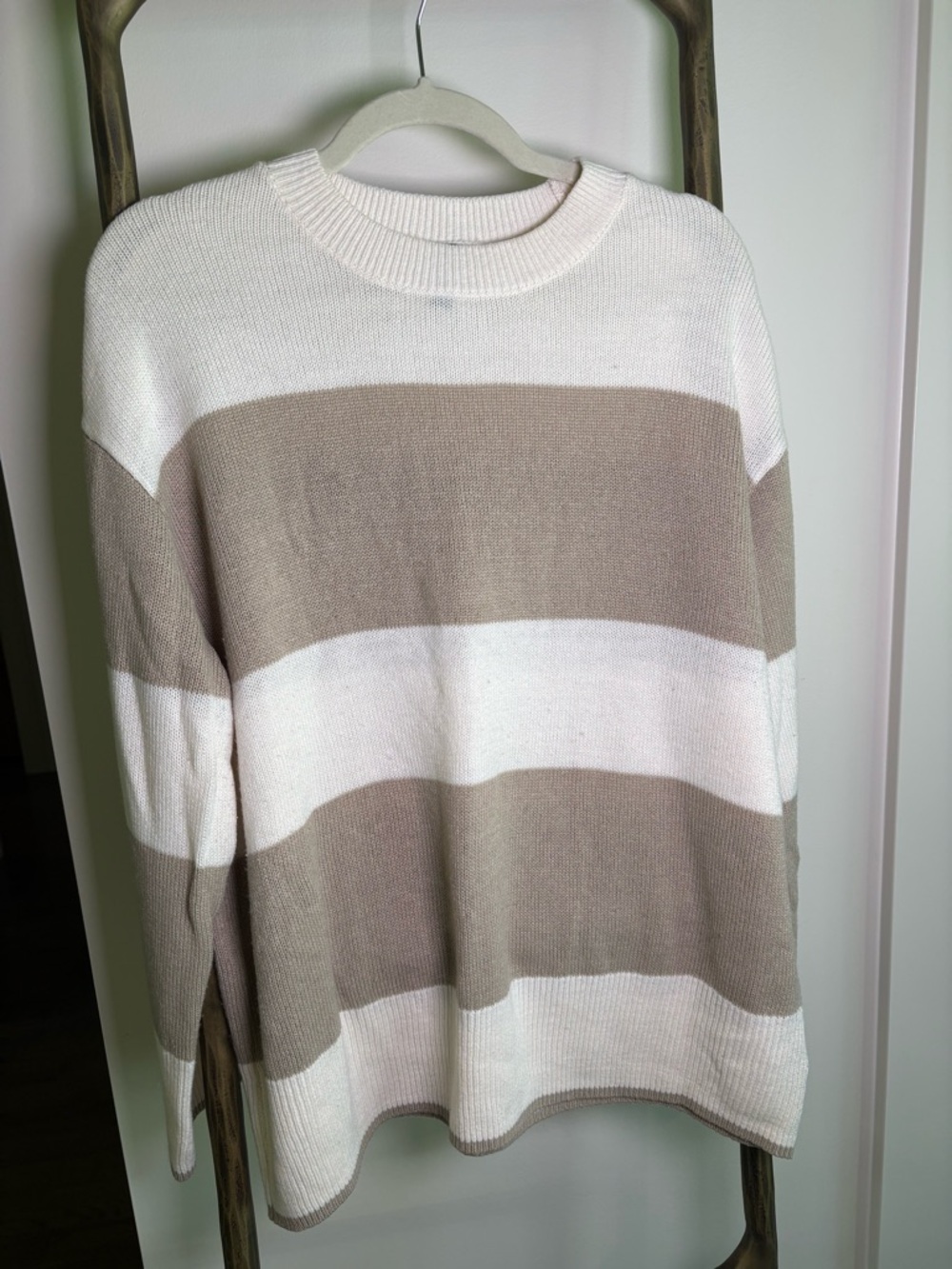 Divided Cream and Taupe Wide-Stripe Crewneck Sweater